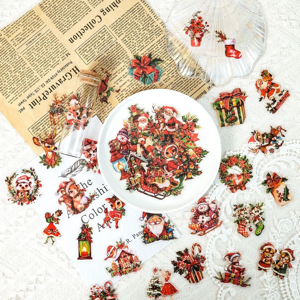 Christmas Craft Embellishment - 50Pcs Santa Claus Gift PET Stickers,
