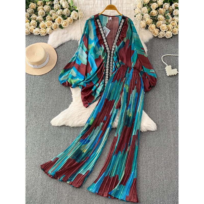 Women Floral Print Two Piece S - Elastic Lace Trim 评论和价格