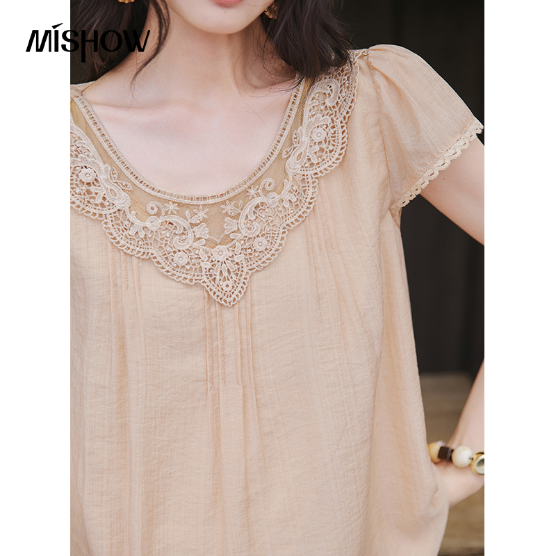 MISHOW Lace Round Neck Top Sho - Elastic Lace Trim 评论和价格